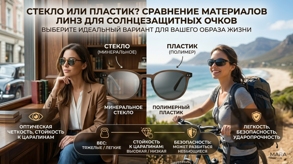 Стекло или пластик? Сравнение материалов линз для солнцезащитных очков Мара Клуб (Mara Club) солнцезащитные очки