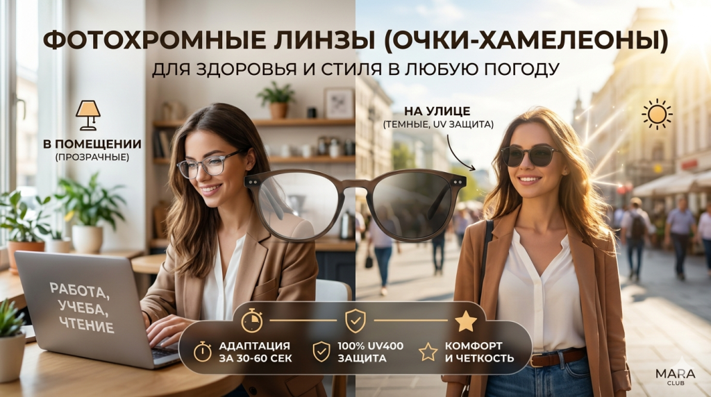 Фотохромные линзы (очки-хамелеоны): что это, как работают и кому подходят MaraClub солнцезащитные очки
