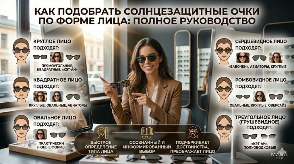 Как подобрать солнцезащитные очки по форме лица: полное руководство Как подобрать солнцезащитные очки Мара Клуб (Mara Club)